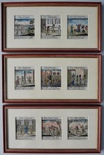 Bilderbogen/Kupferstich/Radierung(?): 3 x 3 alte KINDERSPIELE (in ident. Rahmen)