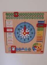 Lernuhr, Kalenderuhr, Holz, Goula, Tage, Wochentage, Monate, Wetter, Jahreszeit