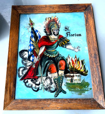 Große Hinterglasmalerei Hinterglasbild Schutzpatron Hl. Florian gerahmt H 36 cm