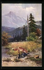 Künstler-AK Alfred Schönian: Fuchs hat sich einen unvorsichtigen Birkhahn gesch 