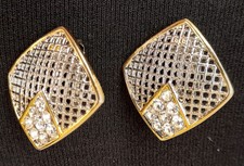 Ohrringe Ohrclips Bicolor Waffelmuster quadratisch Strass Punze K