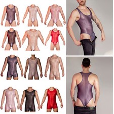 DE Herren Body Sexy Einteiler Öl Glänzend Transparent Bodysuit Tank Top Thong 