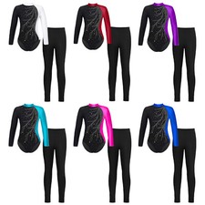 DE Mädchen Turnanzug Langarm Glitzer Gymnastik Kleidung Set Ballett Langarmbody