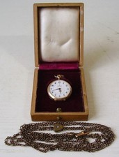 Antike schöne 585 Gold Damen Taschenuhr mit Halskette im Etui um 1900 (14)