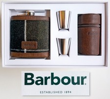 Barbour Flachmann-Set, 6 Becher, Lederbeutel, Wolle Tweed Edelstahl Flask Tartan
