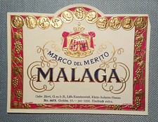 altes Weinetikett Etikett Label Marco del Merito Malaga geprägt Illert Hanau