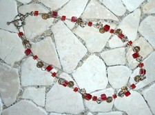 ★ 2reihige kurze Kette ★ Collier ★ rauchgrau & rot ★
