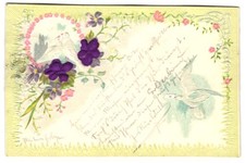 Stoff-Präge-AK Taubenpaar mit Blumen aus Stoff 1901 