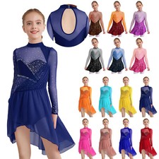 DE Mädchen Eiskunstlauf Kleid Langarm Tanzkleid Ballettanzug Chiffon Dancewear