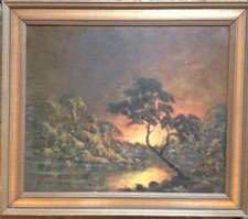 ::SONNENUNTERGANG ÖLGEMÄLDE LANDSCHAFT UNLESERLICH SIGNIERT JUNGLE URWALD ANTIK