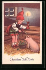 Mädchen mit Kerze im Schweinestall, Ansichtskarte 1912 
