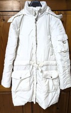 Hallhuber Mantel creme weiß Gr. 38 abnehmbare Kapuze Webpelz waschbar 30°