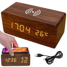 Moderner Holz LED Digital Wecker Tischuhr Thermometer mit Beleuchtung & Snooze