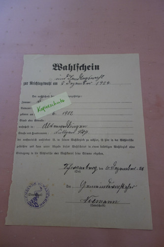 Wahlschein reichstagswahl - wahlschein,