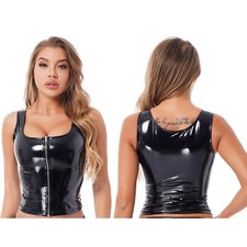 DEDamen Weste Tank Top Neckholder Leder Oberteil Kurz Crop Top Party Club Kostüm