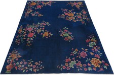 China Teppich Orient Perser Rug Dunkelblau Schurwolle Art Deco Blumen Design XXL