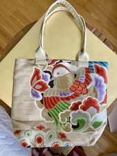 Handtasche Made in Japan Tragetasche Brokat Gold Bunt Pfau Taube Unbenutzt