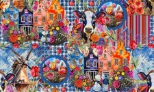 STENZO CANVAS Meterware - Kuh Holland Tulpen - 0,5 m x 150 cm -  100% Baumwolle