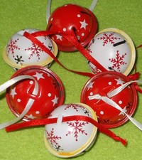 6 Metall Glocken Schellen Rot Weiß 40 mm Weihnachts-Glöckchen Baumbehang