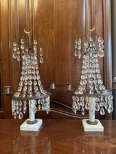 Paar antike Tischleuchter Marmor Messing Kristallbehang je Ca 42cm h um 1900