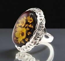 GJ69 * DESIGN RING (17) BERNSTEIN KAMEE BLUME CABOCHON 14mm OVAL 925er SILBER