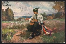Künstler-AK Wandervogel, Wanderer mit Gitarre auf der Wiese 1920 