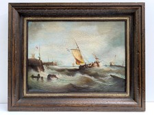 Ölgemälde 19. Jh HAFEN Männer Storm See BOOT Fischer MARINE Wellen Segel antik