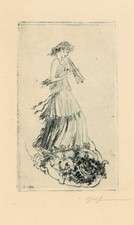 Flötenspielerin Frau Antike signiert Farbradierung auf Büttenpapier Anfang 20 Jh