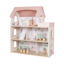 Großes Holz-Puppenhaus rosa mit 14-tlg. Zubehör & 3 Etagen