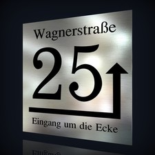 EDELSTAHL HAUSNUMMER TÜRSCHILD NAMENSSCHILD MIT HINWEIS-PFEIL & TEXT NACH WUNSCH