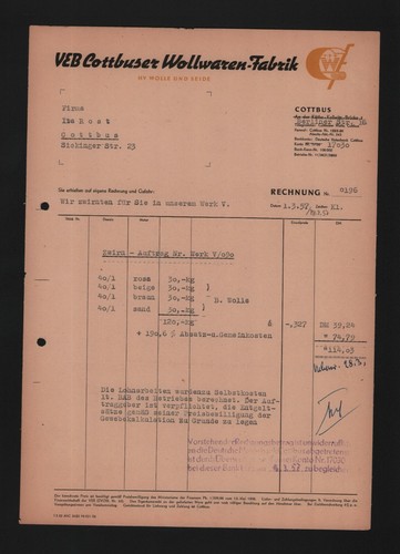 Cottbus rechnung 1957 veb - cottbus,,