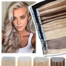 10/60Stück Remy Echthaar Tape in Extensions Skin Weft Haarverlängerung Grau Dick