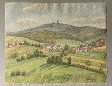 Taunuslandschaft mit Blick zum Feldberg. Aquarell signiert E. Wollstätter Natur