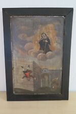 großes altes Votivbild Exvoto Hl. Walburga Unfall Sturz Öl auf Holz 33 x 46 cm