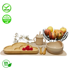 Neues 6-teiliges Silikon Baby Geschirr Set, Kinderteller- Bambus Teile, BPA Frei