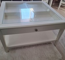 Couchtisch Sofatisch Glasoberfläche, Schublade, Holz Glas, Weiß, 93x93x51 cm,