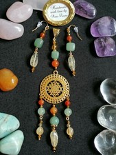 SET Ohrringe + Anhänger KARNEOL AVENTURIN CITRIN Geburtsstein SRI YANTRA verg.