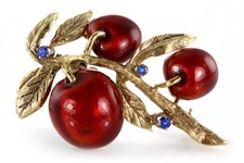 Edle Brosche in 750 Gelbgold, Saphire & Emaille Kirschen Motiv [BRORS 20441]