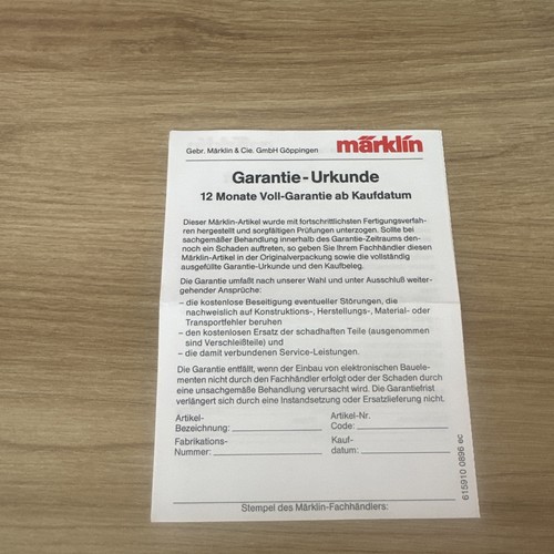 Märklin garantie urkunde - märklin,