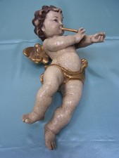 KA67-herrlicher großer Engel Putto mit Laute Holz geschnitzt Kunsthandwerk 31 cm