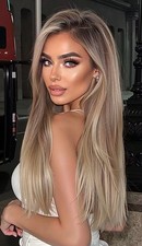 Lange, glatte blonde Perücke mit dunklem Ansatz, hitzebeständig, Kanekalon-Kunst