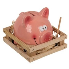 Keramik Spardose im Schweinchen Design ca. 13 cm Sparschwein mit Hammer & Stall