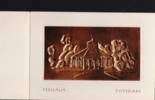 DDR-Klappkarte mit Reliefdruck vom Teehaus in Potsdam Sanssouci auf Kupferfolie