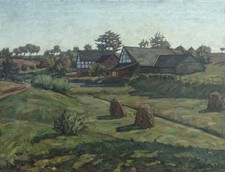 Düsseldorf, Karl Dahl 1869-1942, weite Landschaft Bauernhaus, Fachwerkhaus