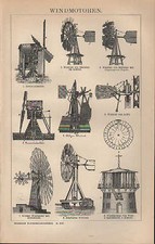 Lithografie 1896: WINDMOTOREN. Wind Motor Windrad Turbine Turm-Bock-Windmühle