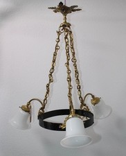 antike Hängelampe Bronze mit 3 Überfangschirme weiß -A7