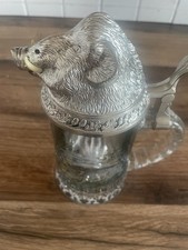 Bierkrug Aus Glas Jägermotiv Zinndeckel mit Wildschwein Kopf Motiv