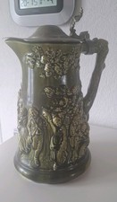 Antiker Sarreguemines Bierkrug Nr. 17 BB – Relief, Zinndeckel, um 1900, Steingut