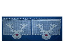 Häkelgardine Winter Weihnacht Elchkopf Rudi - Red Nose, weiß, 2 Stück