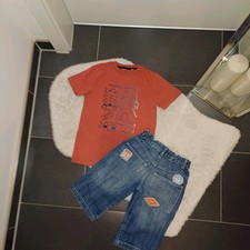 Neu sommer Set outfit topolino 122 128 Jeans shorts Shirt orange-rot TopZustand